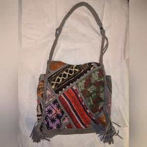 FREE PEOPLE Boho Gypsy EMBROIDERED CROSSBODY Grey SUEDE Patchwork BAG Purse